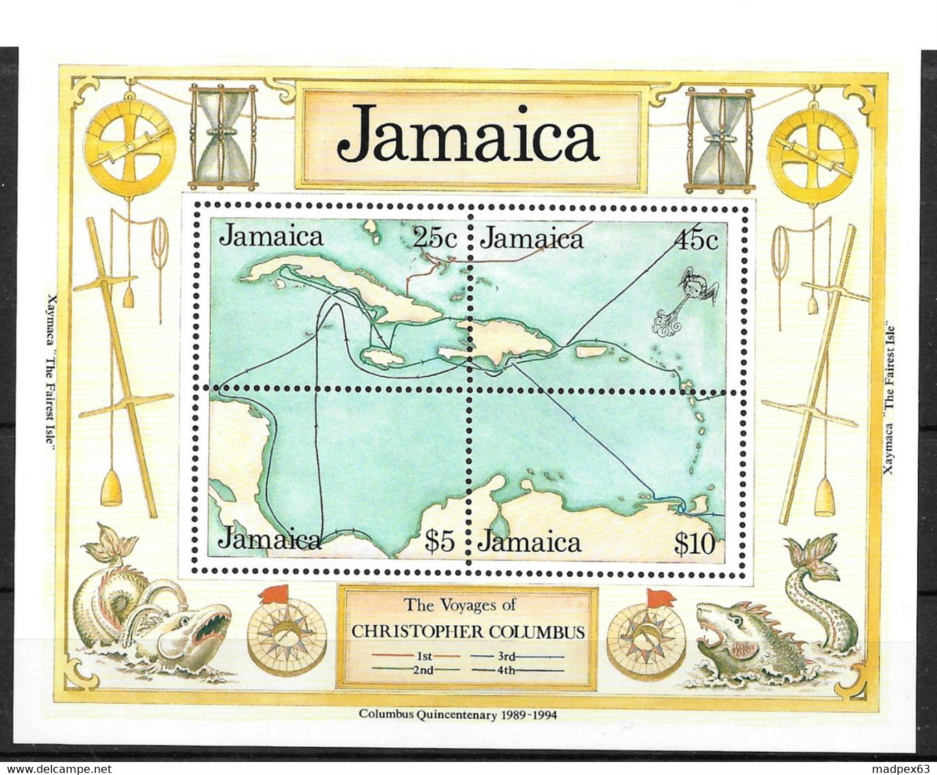 GIAMAICA - 1990 - FOGLIETTO SERIE "COLOMBO 500° SCOPERTA AMERICA" - (MLH) - Jamaica (1962-...)