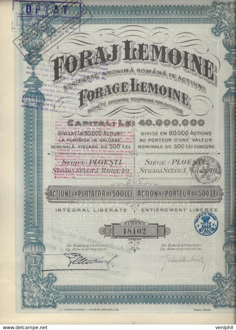 FORAGE LEMOINE -SOCIETE ANONYME ROUMAINE PAR ACTIONS -ACTION AU PORTEUR DE 500 LEI -1924 - Petróleo