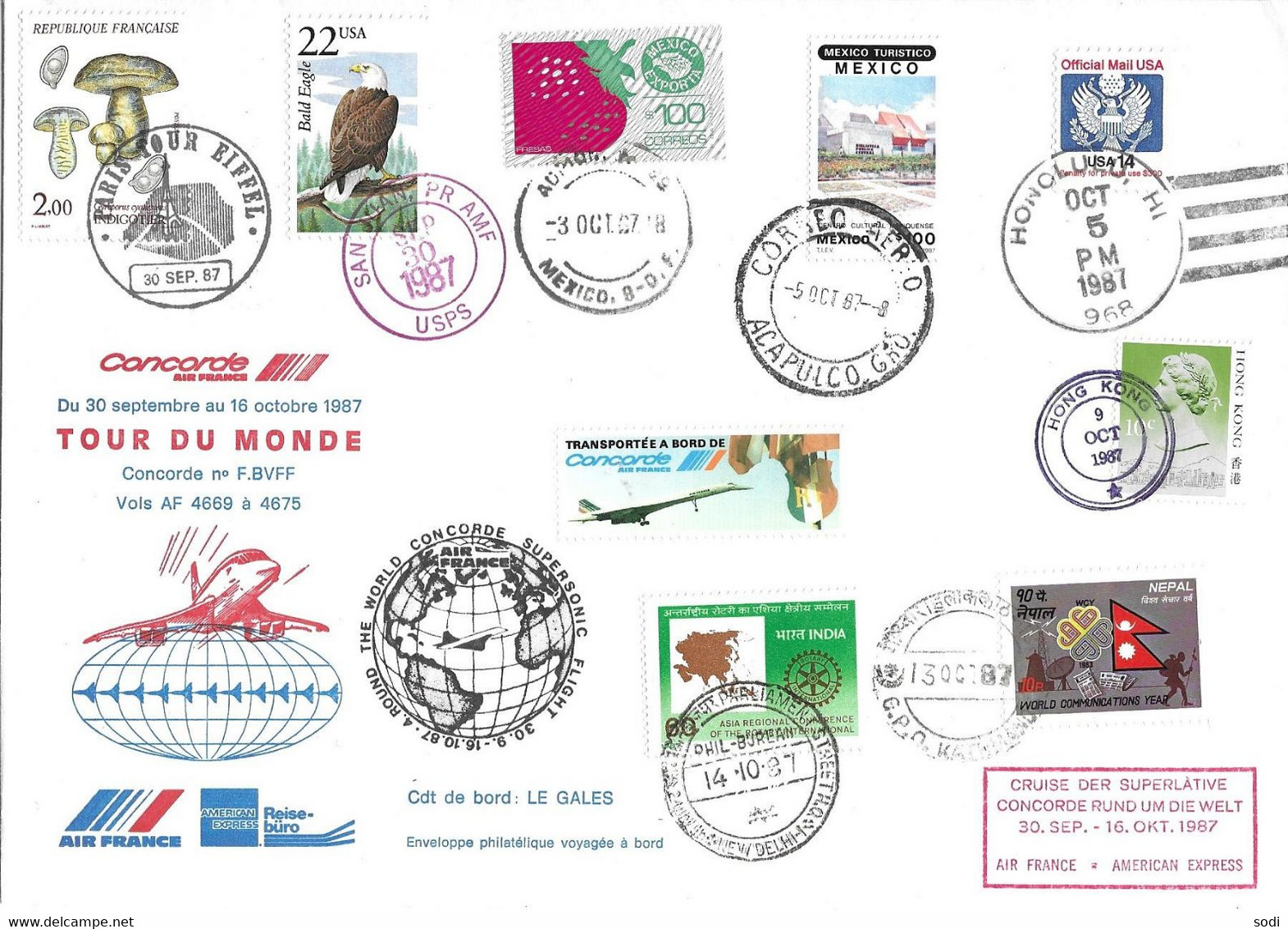 Concorde  - Tour Du Monde  30 Septembre-16 Octobre 1987 - Timbres Et Obltérations Locales De Toutes Les Escales - Concorde