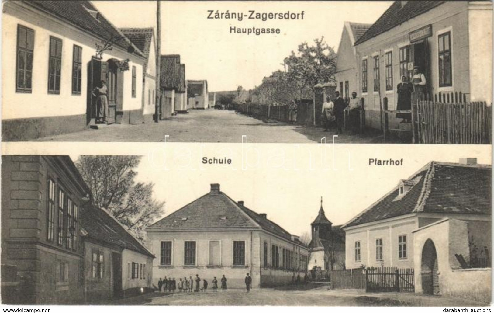 T2 1913 Zárány, Zagersdorf; Fő Utca, Iskola és Plébánia, Szövetkezet üzlete / Hauptgasse, Schule, Pfarrhof / Main Street - Unclassified
