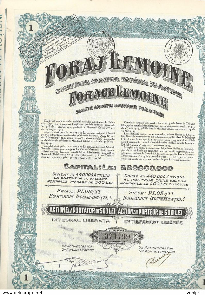 FORAGE LEMOINE -SOCIETE ANONYME ROUMAINE PAR ACTIONS -ACTION AU PORTEUR DE 500 LEI -1924 - Aardolie