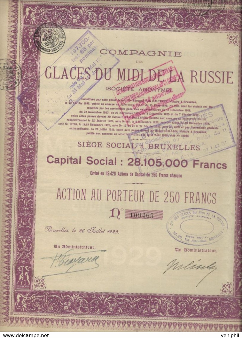 COMPAGNIE DES GLACES DU MIDI DE LA RUSSIE-ACTION DE 250 FRS .- ANNEE 1929 - Russland