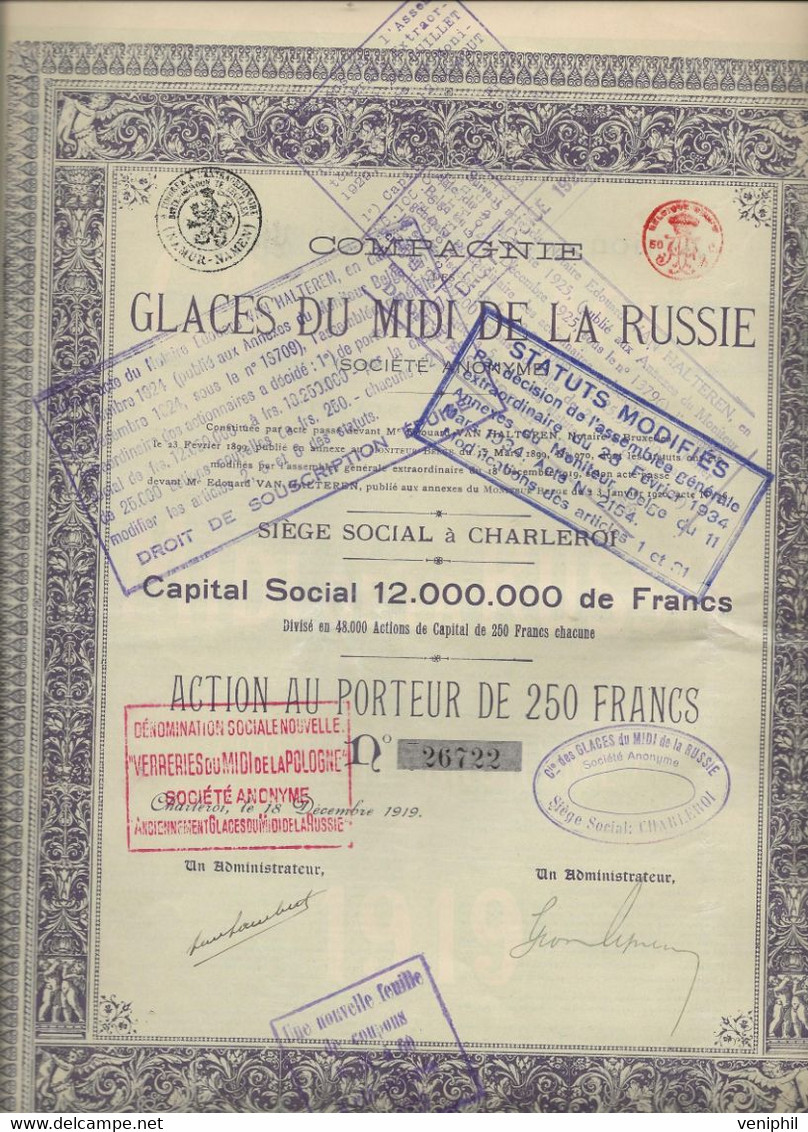 COMPAGNIE DES GLACES DU MIDI DE LA RUSSIE-ACTION DE 250 FRS .- ANNEE 1919 - Rusia