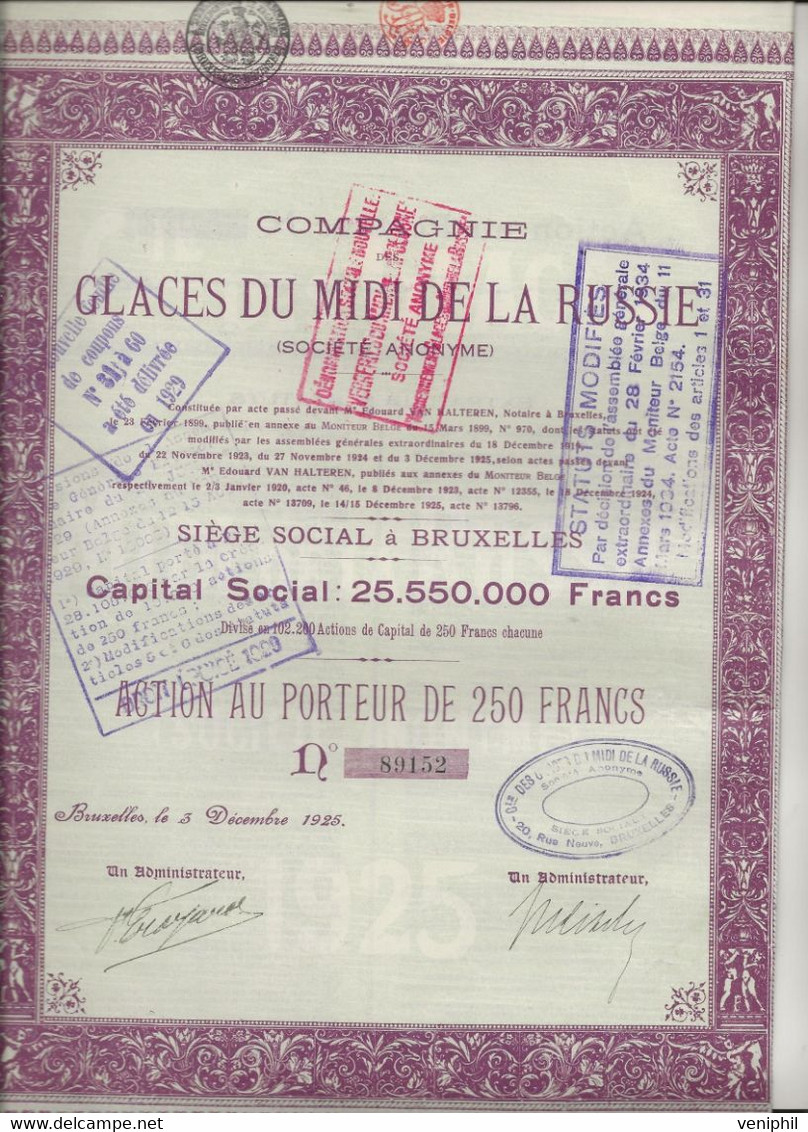 COMPAGNIE DES GLACES DU MIDI DE LA RUSSIE-ACTION DE 250 FRS .- ANNEE 1925 - Russie