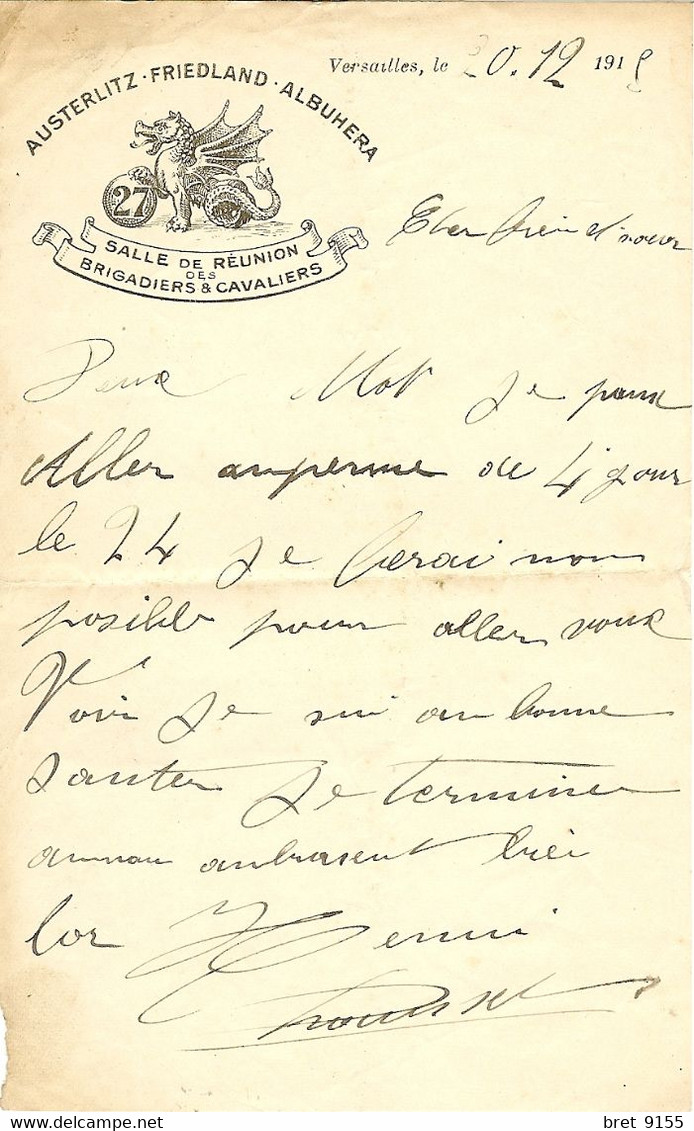 78 VERSAILLES MEMO ANNONCANT UNE PERME SUR PAPIER DE LA SALLE DE REUNION DES BRIGADIERS CAVALIERS 27 AUSTERLITZ - Manuskripte