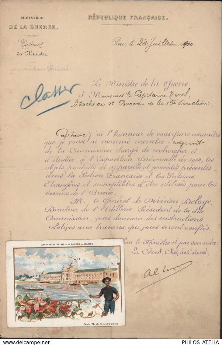 Exposition Universelle 1900 Lettre Ministère De La Guerre Recherche Objet Et Divers Pr Besoin Armée + 2 CPA + Chromo - Esposizioni