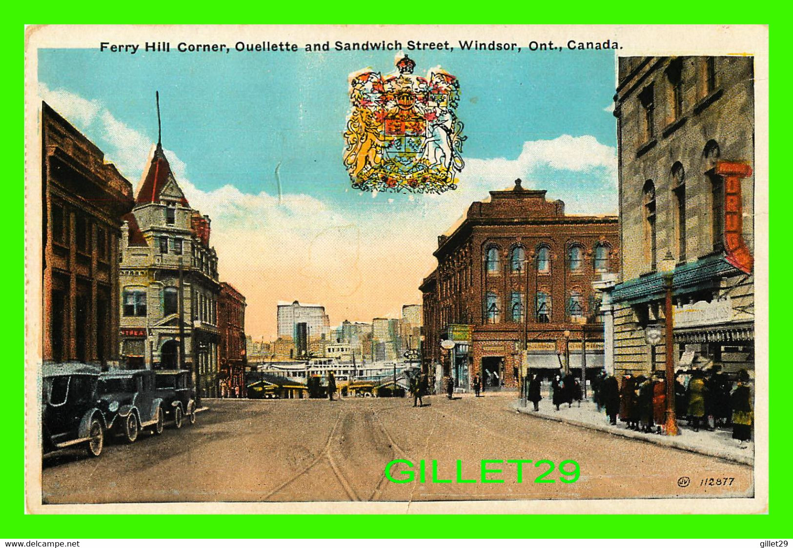 WINDSOR, ONTARIO - FERRY HILL CORNER, OUELLETTE AND SANDWICH STREET - ANIMATED OLD CARS & PEOPLES - VALENTINE & SONS - - Windsor