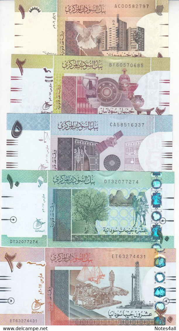 SUDAN 1 2 5 10 20 POUNDS 2006 2017 P-71 72 73 74 UNC SET - Sudan