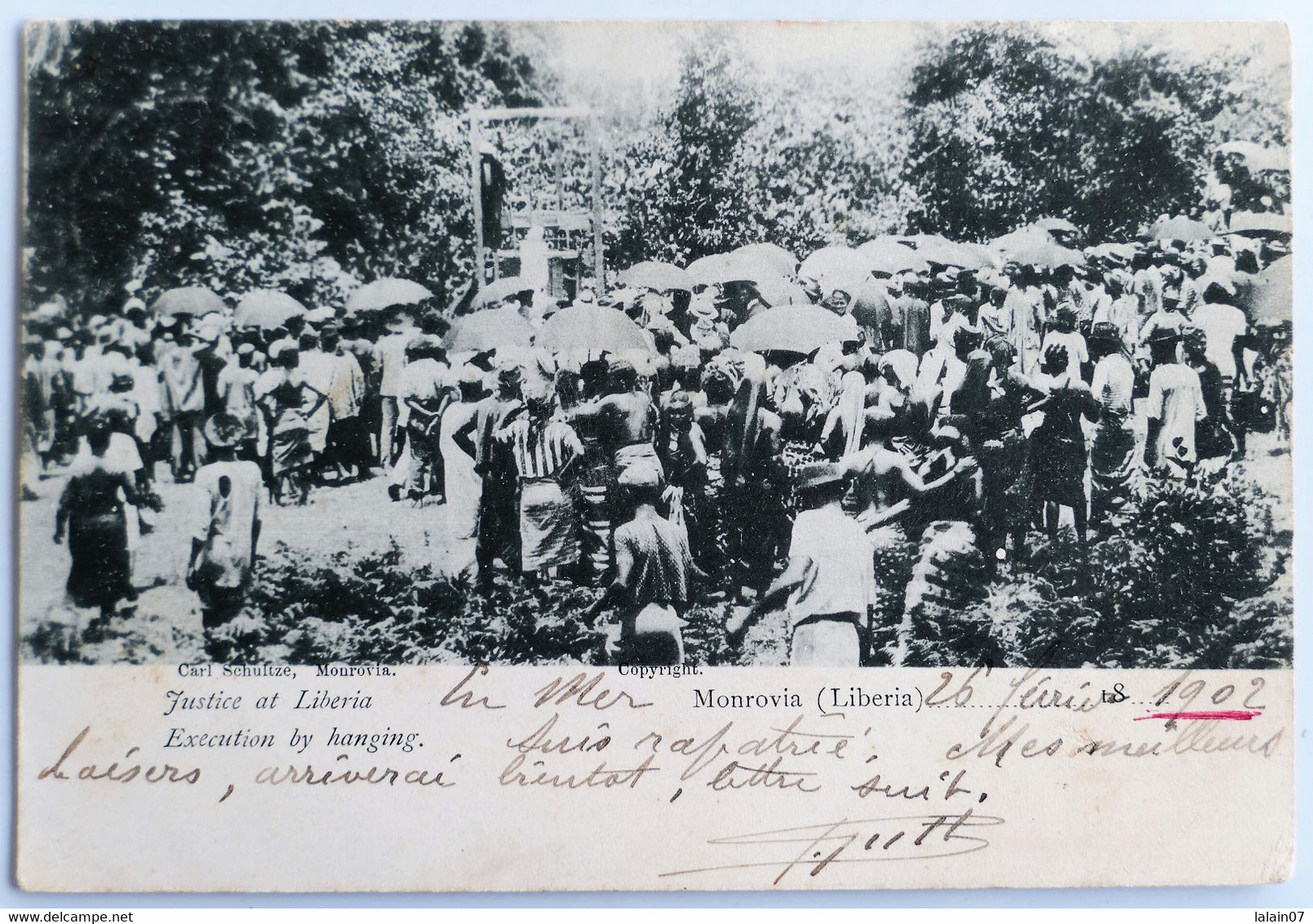 C. P. A. : Liberia : MONROVIA  Justice At Liberia : Execution By Hanging, Stamp Maritime Post LOANGO à MARSEILLE In 1902 - Liberia