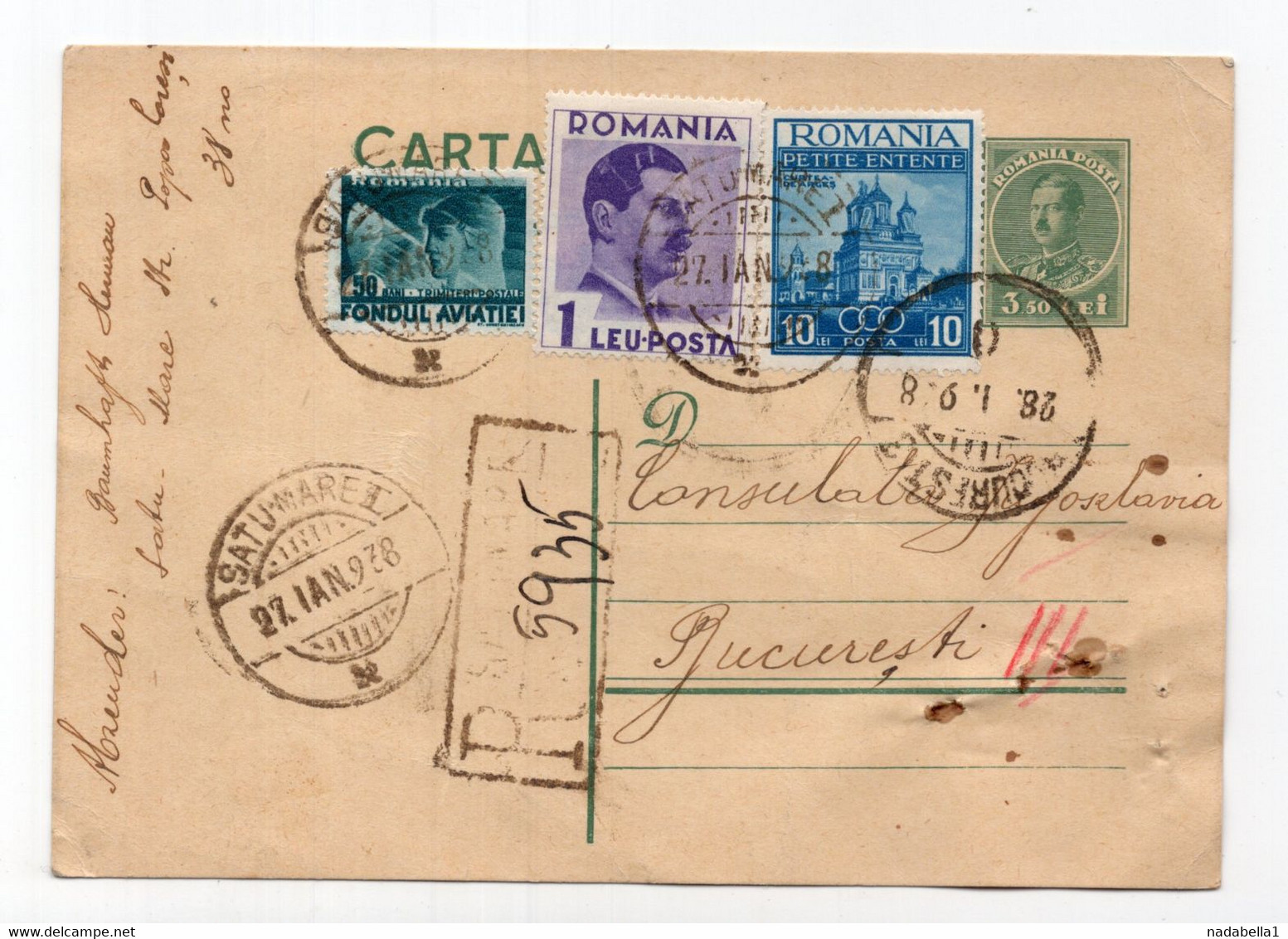 1938 ROMANIA, SATU MARE TO BUCHAREST, REGISTERED STATIONERY CARD, USED - Altri & Non Classificati