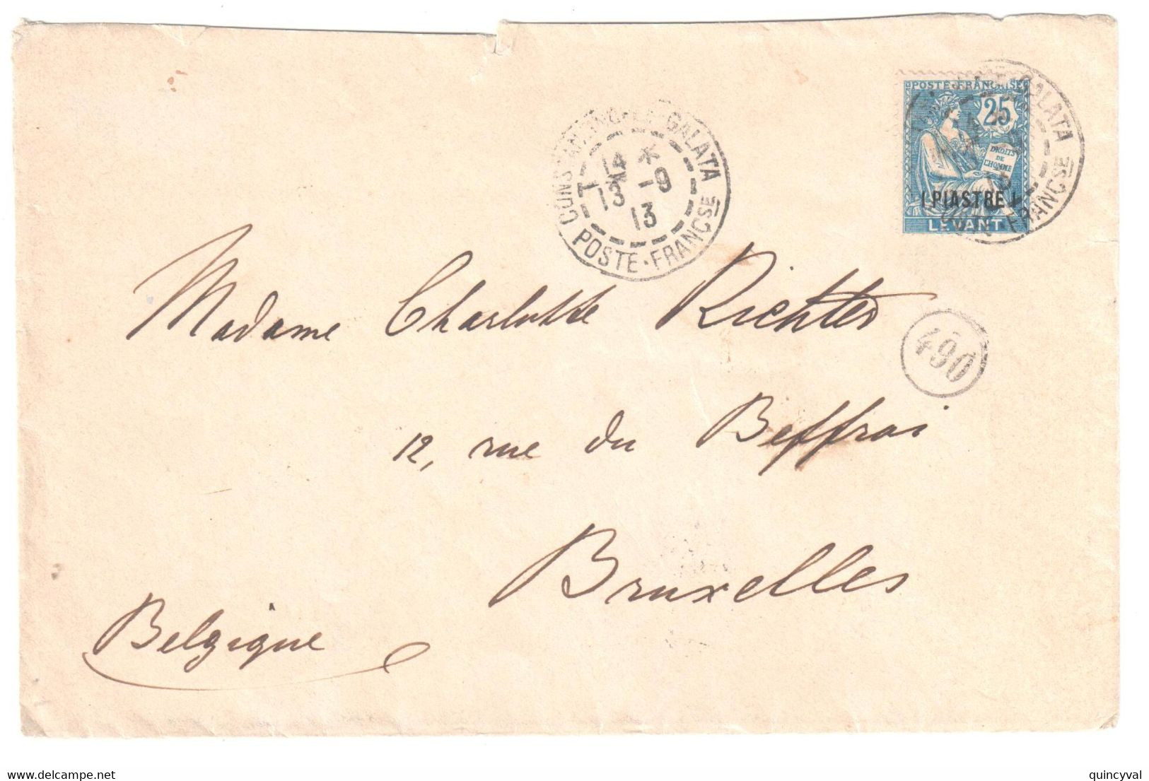 CONSTANTINOPLE GALATA Poste Française Lettre 1 Piastre/25c Bleu Yv 17 Ob 13 9 1913 Dest Bruxelles Belgique - Brieven En Documenten