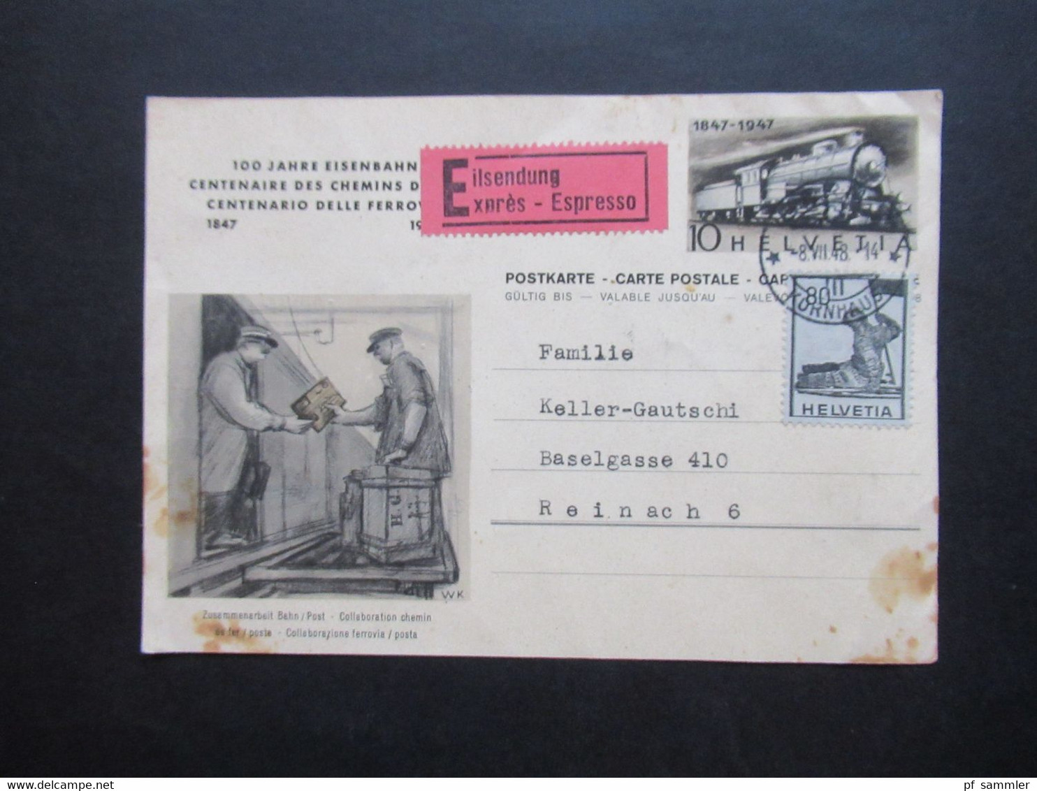Schweiz 1947 / 48 GA P 212 Bild 10 Mit Zusatzfrankatur Als Eilsendung Expres - Espresso Bern - Reinach - Briefe U. Dokumente