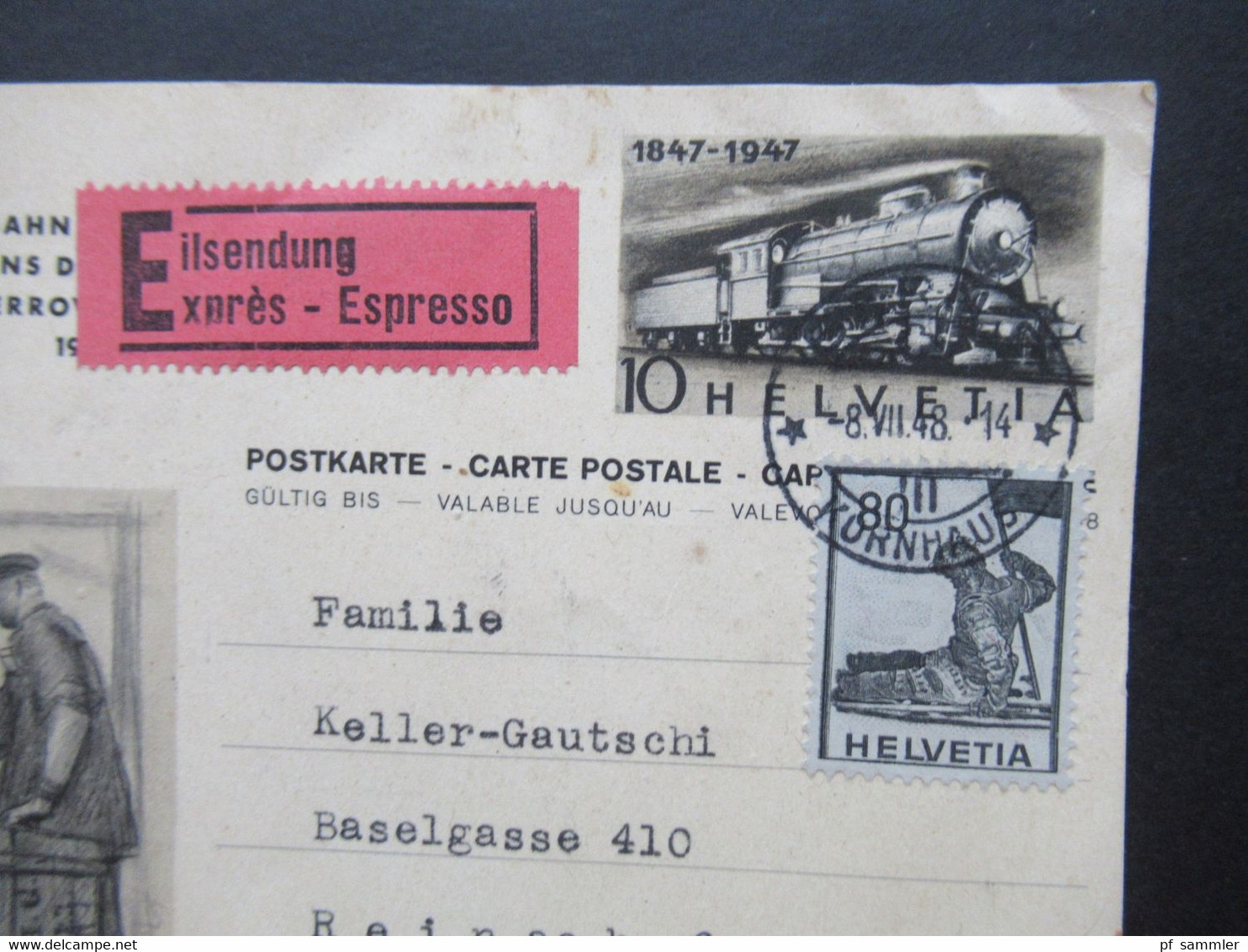 Schweiz 1947 / 48 GA P 212 Bild 10 Mit Zusatzfrankatur Als Eilsendung Expres - Espresso Bern - Reinach - Briefe U. Dokumente