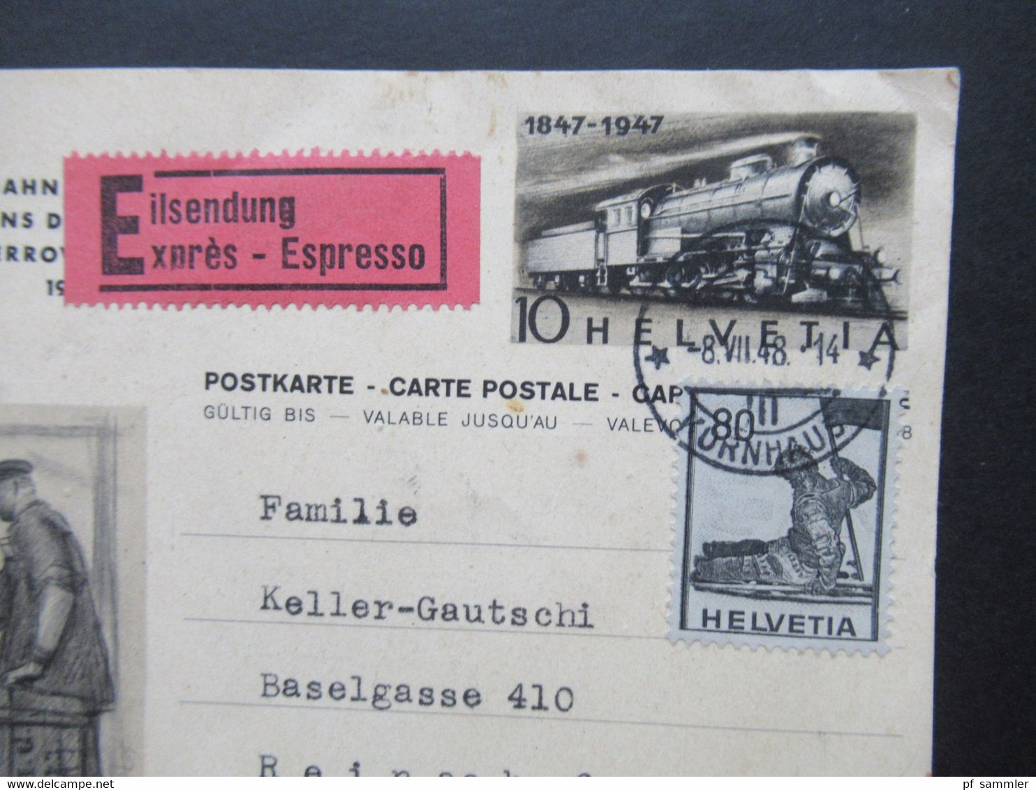 Schweiz 1947 / 48 GA P 212 Bild 10 Mit Zusatzfrankatur Als Eilsendung Expres - Espresso Bern - Reinach - Covers & Documents