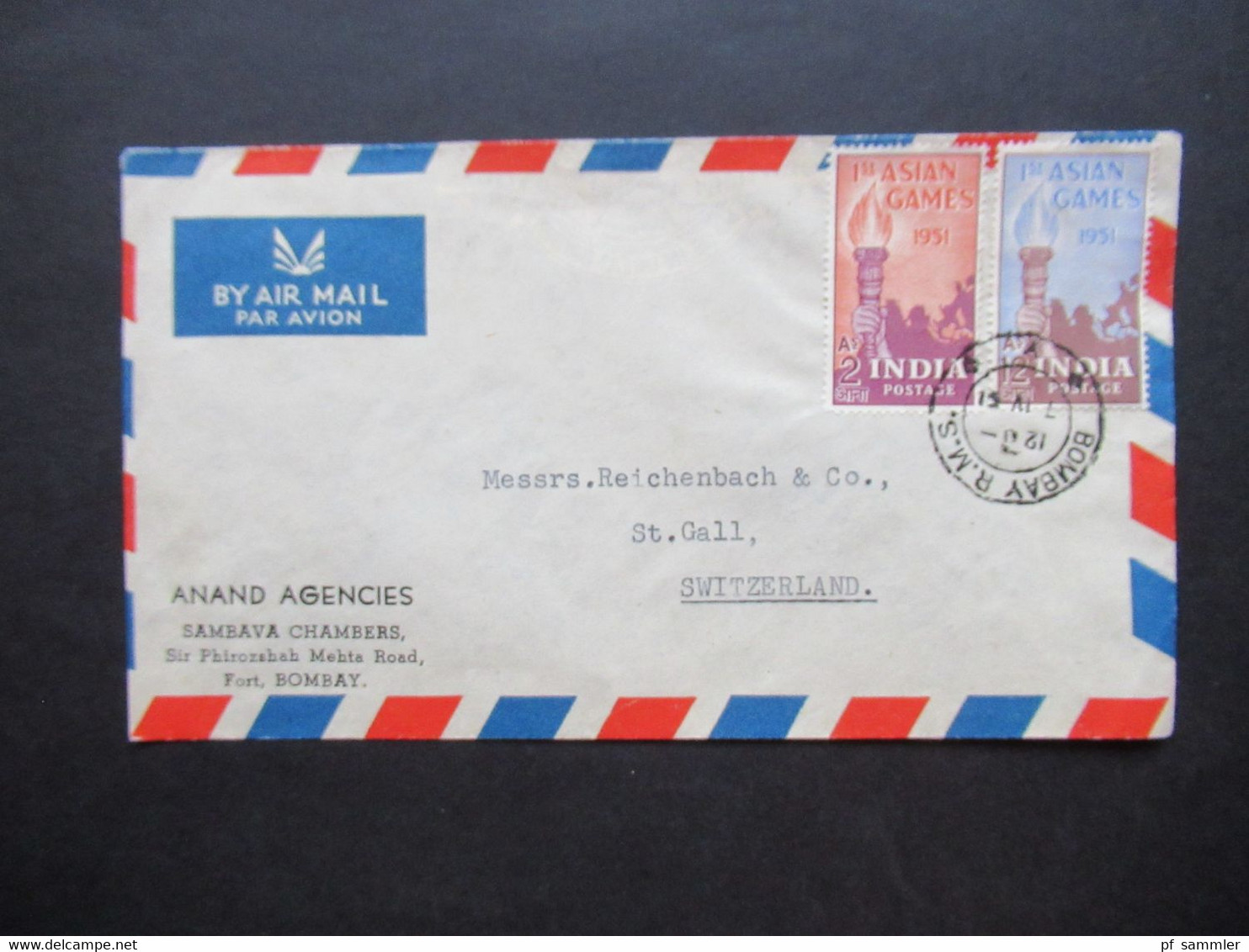 Indien 1951 1st Asian Games 1951 Air Mail / Luftpost Nach St. Gallen Umschlag Anand Agencies Sambava Chambers Bombay - Lettres & Documents