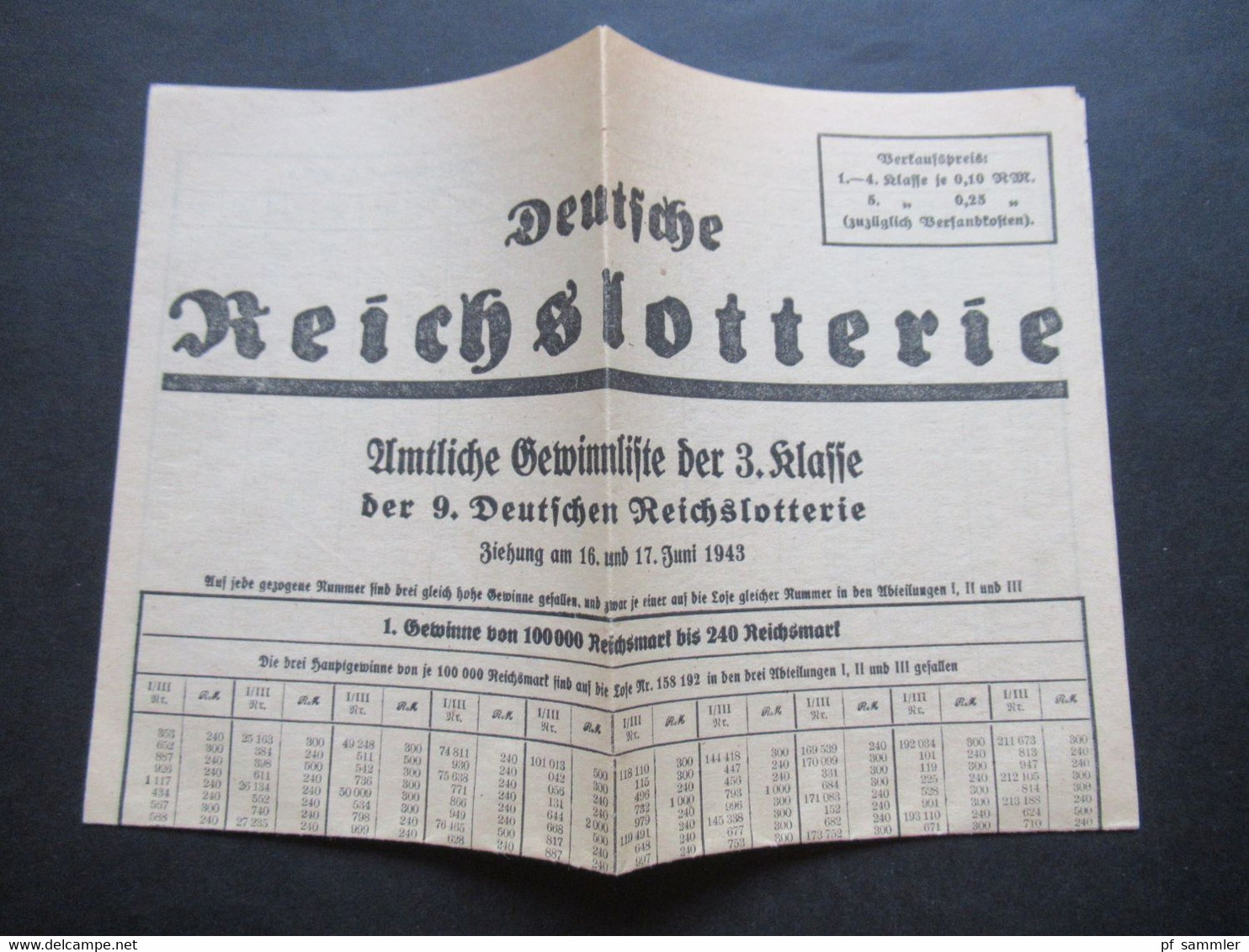 3.Reich 1943 Faltblatt Deutsche Reichslotterie Amtliche Gewinnliste Der 3. Klasse Der 9. Reichslotterie - Biglietti Della Lotteria