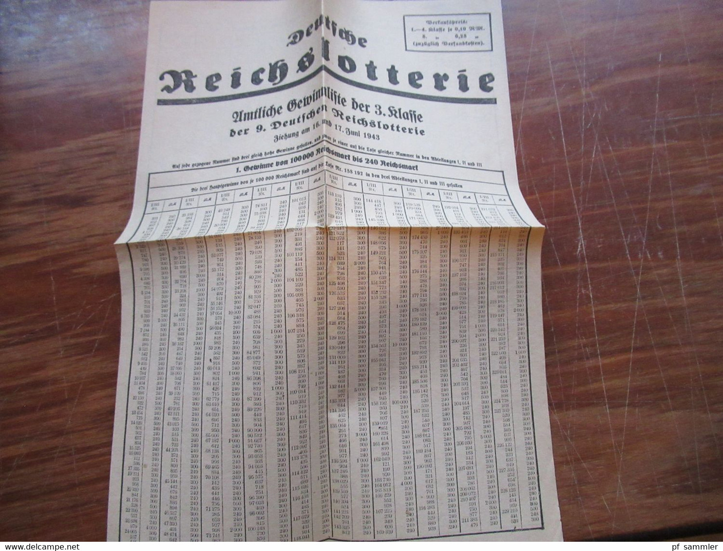 3.Reich 1943 Faltblatt Deutsche Reichslotterie Amtliche Gewinnliste Der 3. Klasse Der 9. Reichslotterie - Billets De Loterie