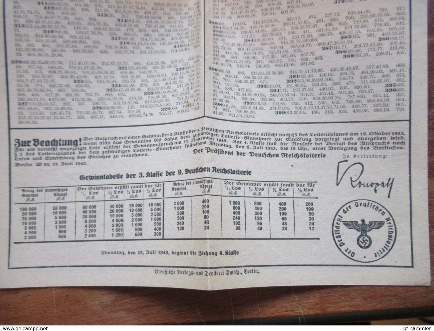 3.Reich 1943 Faltblatt Deutsche Reichslotterie Amtliche Gewinnliste Der 3. Klasse Der 9. Reichslotterie - Lotterielose