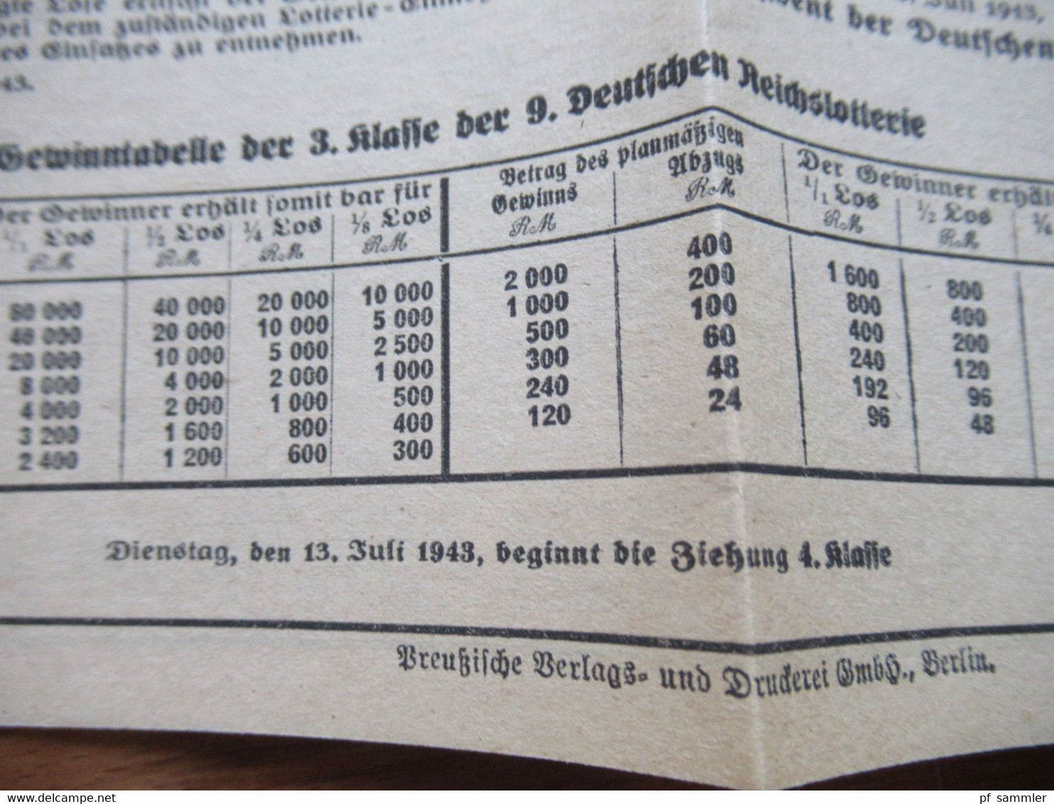 3.Reich 1943 Faltblatt Deutsche Reichslotterie Amtliche Gewinnliste der 3. Klasse der 9. Reichslotterie