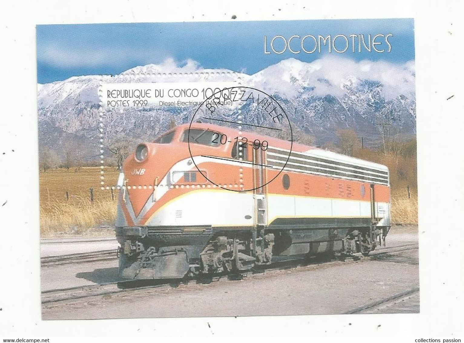 Timbre , Bloc De 1 ,TRAIN , LOCOMOTIVES , République Du CONGO ,1999 - Trenes