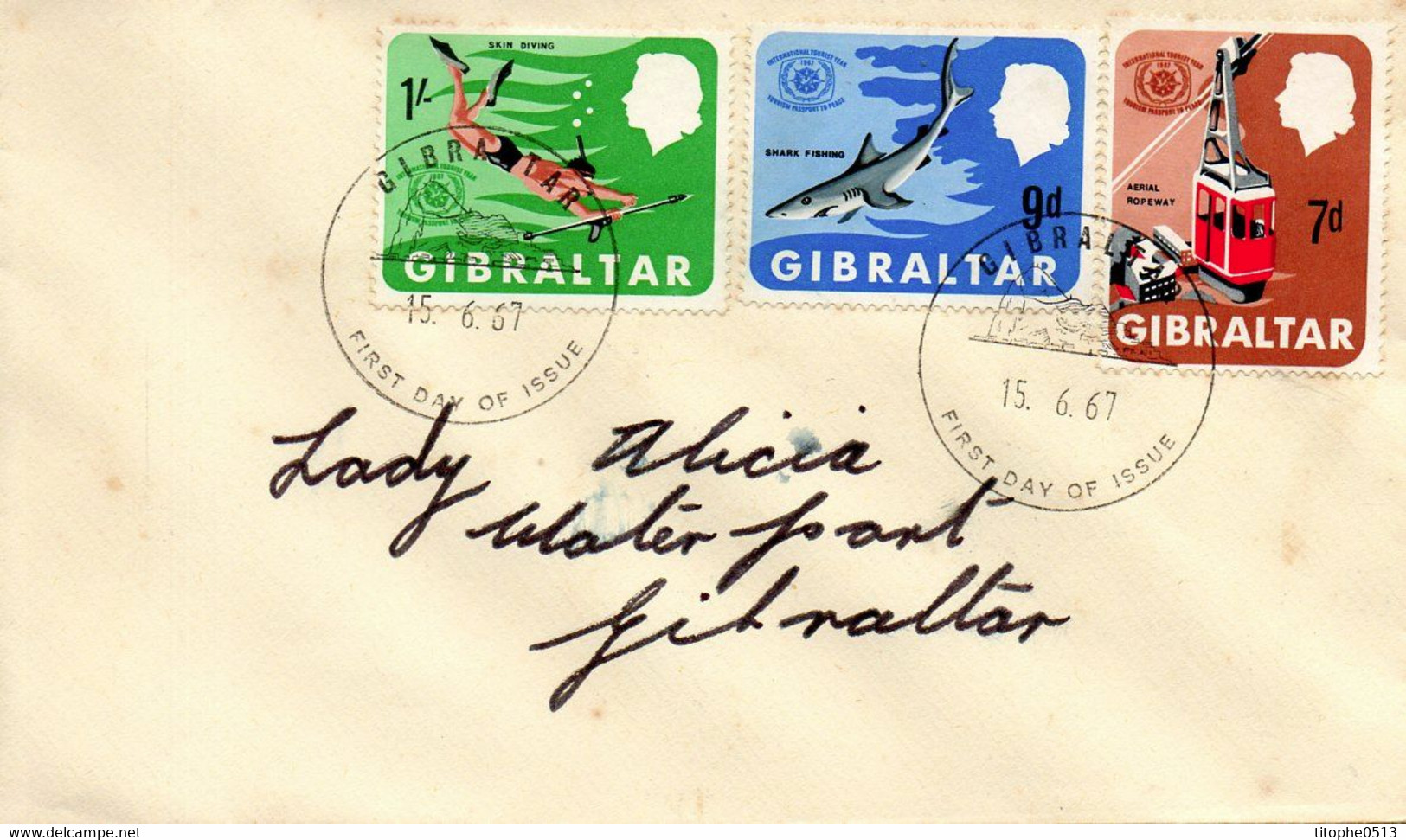 GIBRALTAR. N°198-200 De 1967 Sur Enveloppe 1er Jour. Tourisme/Plongée/Requin/Téléphérique. - Immersione