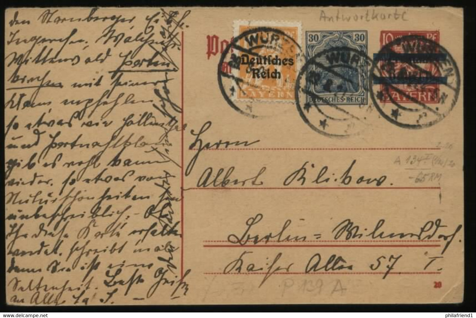 S1808 DR Infla GS Antwort Postkarte , Gebraucht Wurzen - Berlin 1921 , Bedarfserhaltung. - Covers & Documents
