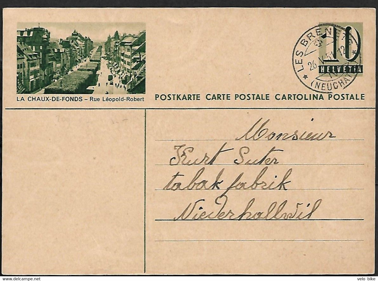 Swiss Helvetia Postal Stationery Entier Les Brennets 26/5-51 Rue Leopold-Robert Street Sceene Car Bicycle Arcitecture - Autres & Non Classés