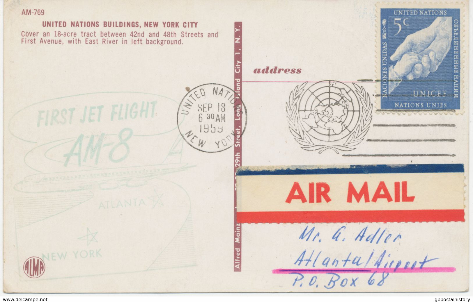 UNO 1959 Selt. Kab.-Erstflug A.M. 8 - First Jet Air Mail Service UNO - ATLANTA, USA - 2c. 1941-1960 Storia Postale