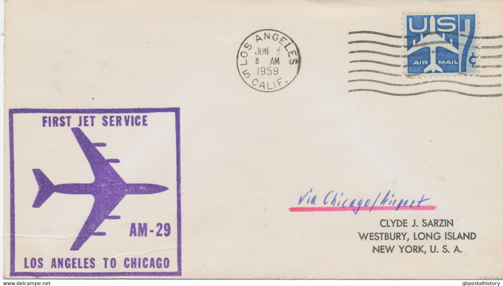 USA 1959, Selt. Kab.-Erstflug A.M. 29 - First Jet Air Mail Service "Los Angeles, California - Chicago, Illinois" - 2c. 1941-1960 Lettres