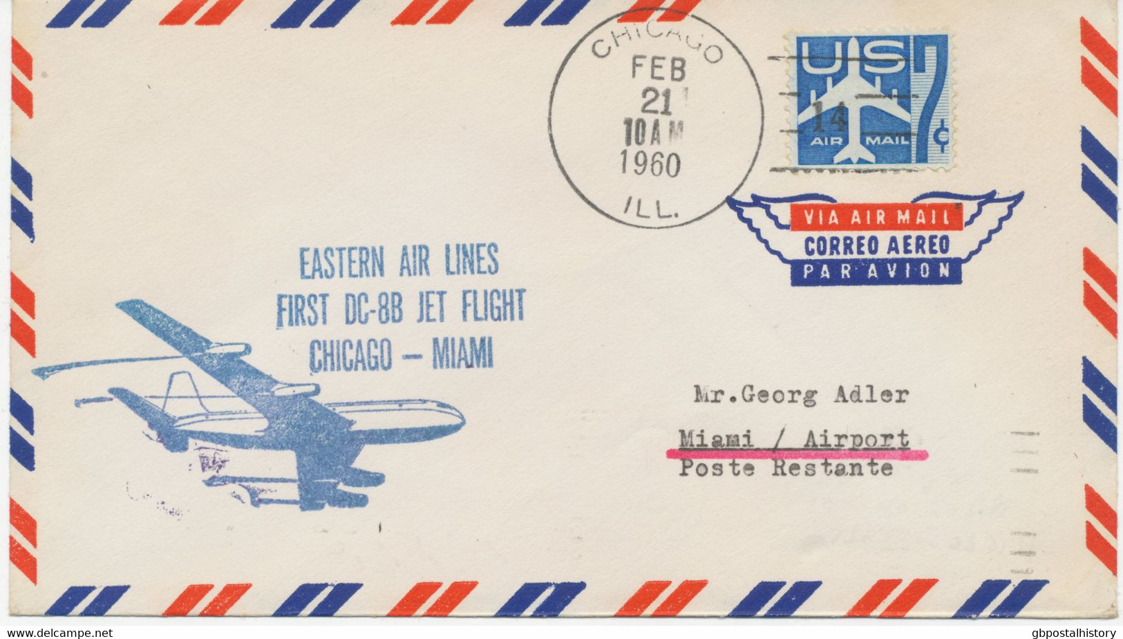 USA 1959 Kab.-Erstflug Der Eastern Air Lines DC-8B - First Jet Air Mail Service - "Chicago, Illinois - Miami, Florida" - 2c. 1941-1960 Cartas & Documentos