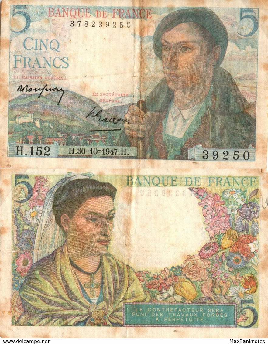 France / 5 Francs / 1943 / P-98(a) / VF - 5 F 1943-1947 ''Berger''