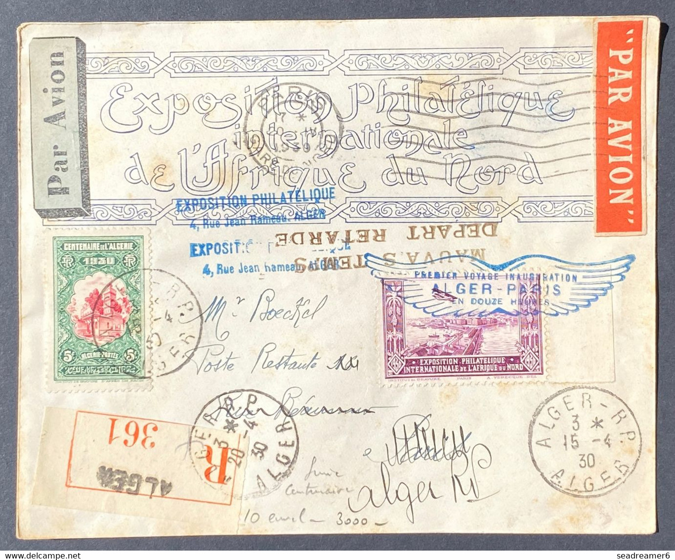 Algérie Lettre Griffe Ailée Bleue "1er Voyage Inauguration Alger Paris En Douze Heures" N°99 Obl Centenaire 15/04/1930 - Posta Aerea