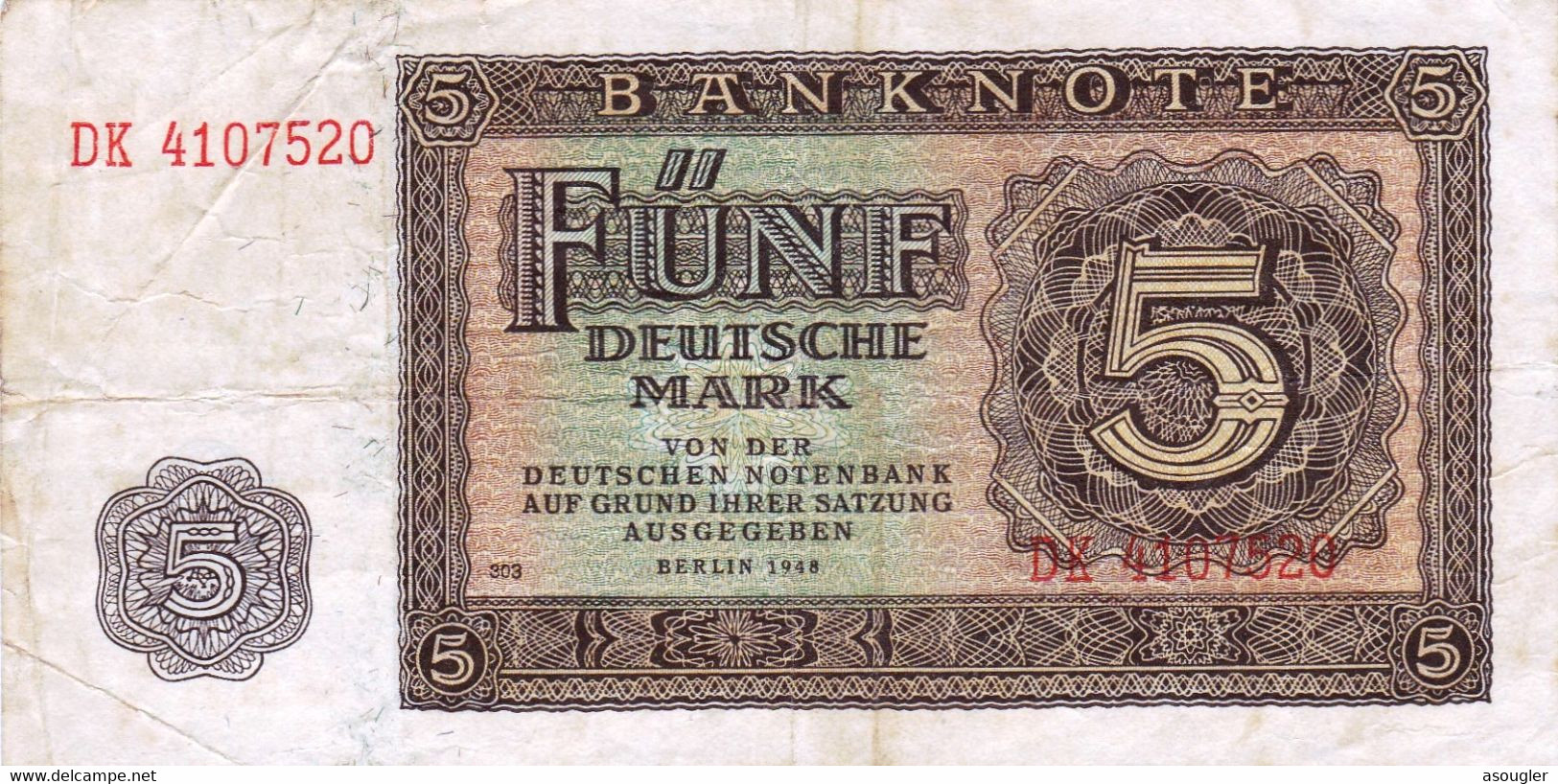 GERMANY - DEMOCRATIC REPUBLIC 5 MARK 1948 VF P-11b "free Shipping Via Registered Air Mail" - 5 Deutsche Mark