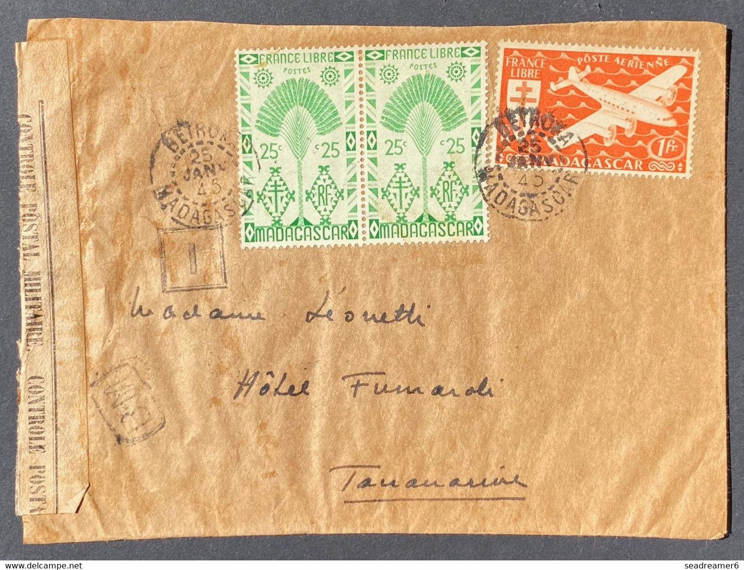 MADAGASCAR Lettre 1945 De Betroka Pour Tananarive PA 55 & 267 + "BM"  Boite Mobile + Censure  RR - Posta Aerea