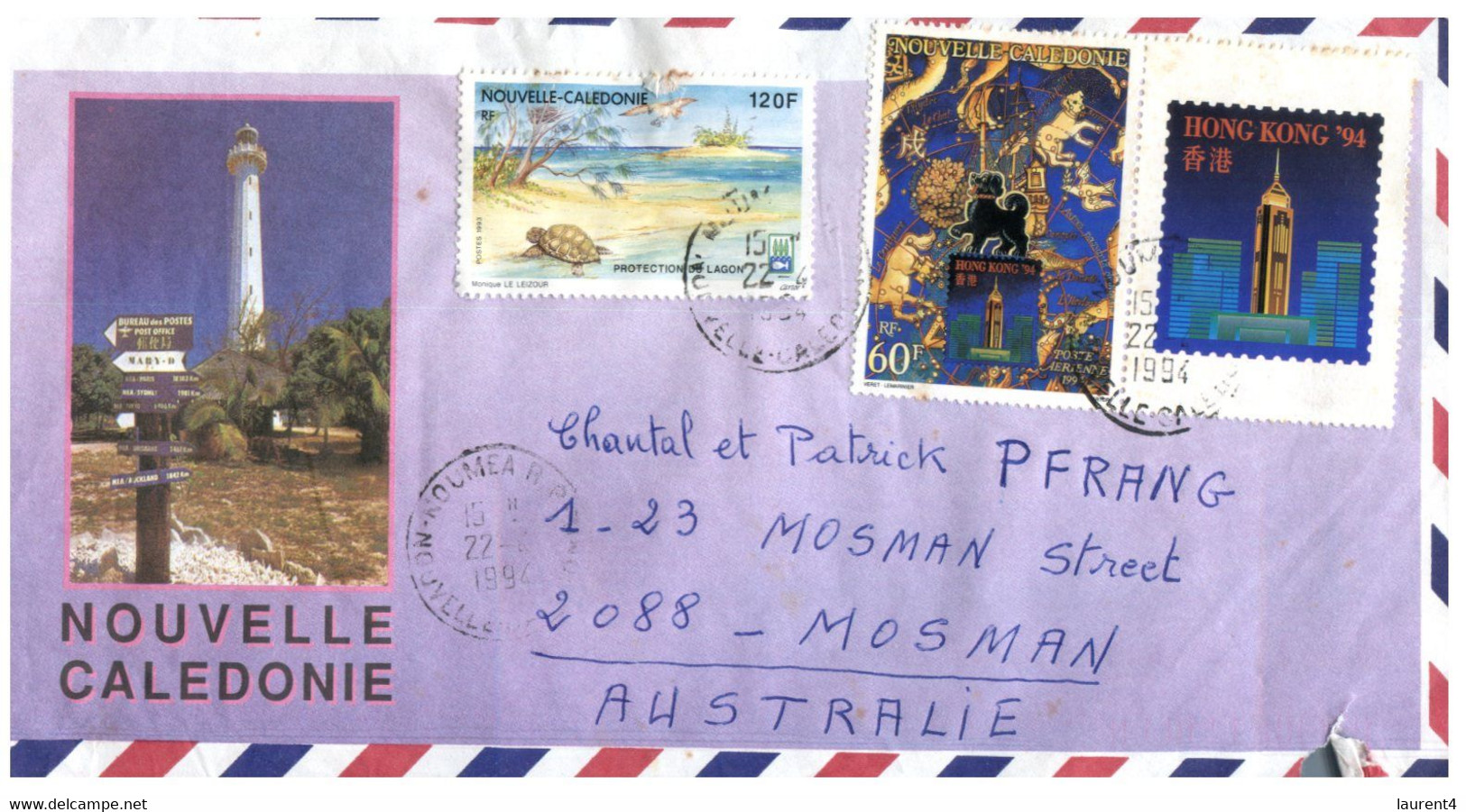 (NN 13) New Caledonia Cover Posted With 3 Stamps Via Air Mail To Australia - (tortoise Stamp + Hong Kong 94 Stamp Show) - Covers & Documents