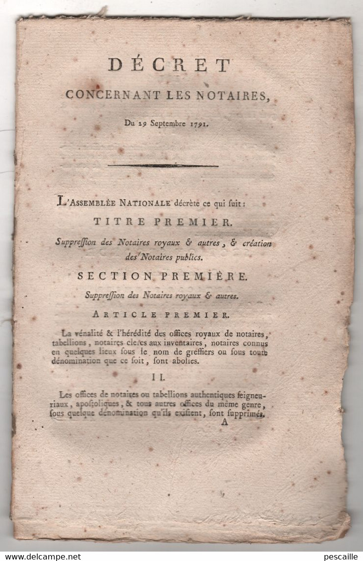 REVOLUTION FRANCAISE - DECRET CONCERNANT LES NOTAIRES - SUPPRESSION  NOTAIRES ROYAUX / CREATION NOTAIRES PUBLICS - 1791 - Décrets & Lois