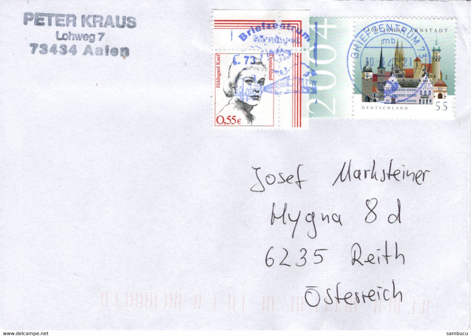 Auslands -Brief Von Briefzentrum 73 Mit 55 Cent Hildegard Knef Eckrandstück + 1300 Jahre Ahrnstadt Randstück 2021 - Storia Postale