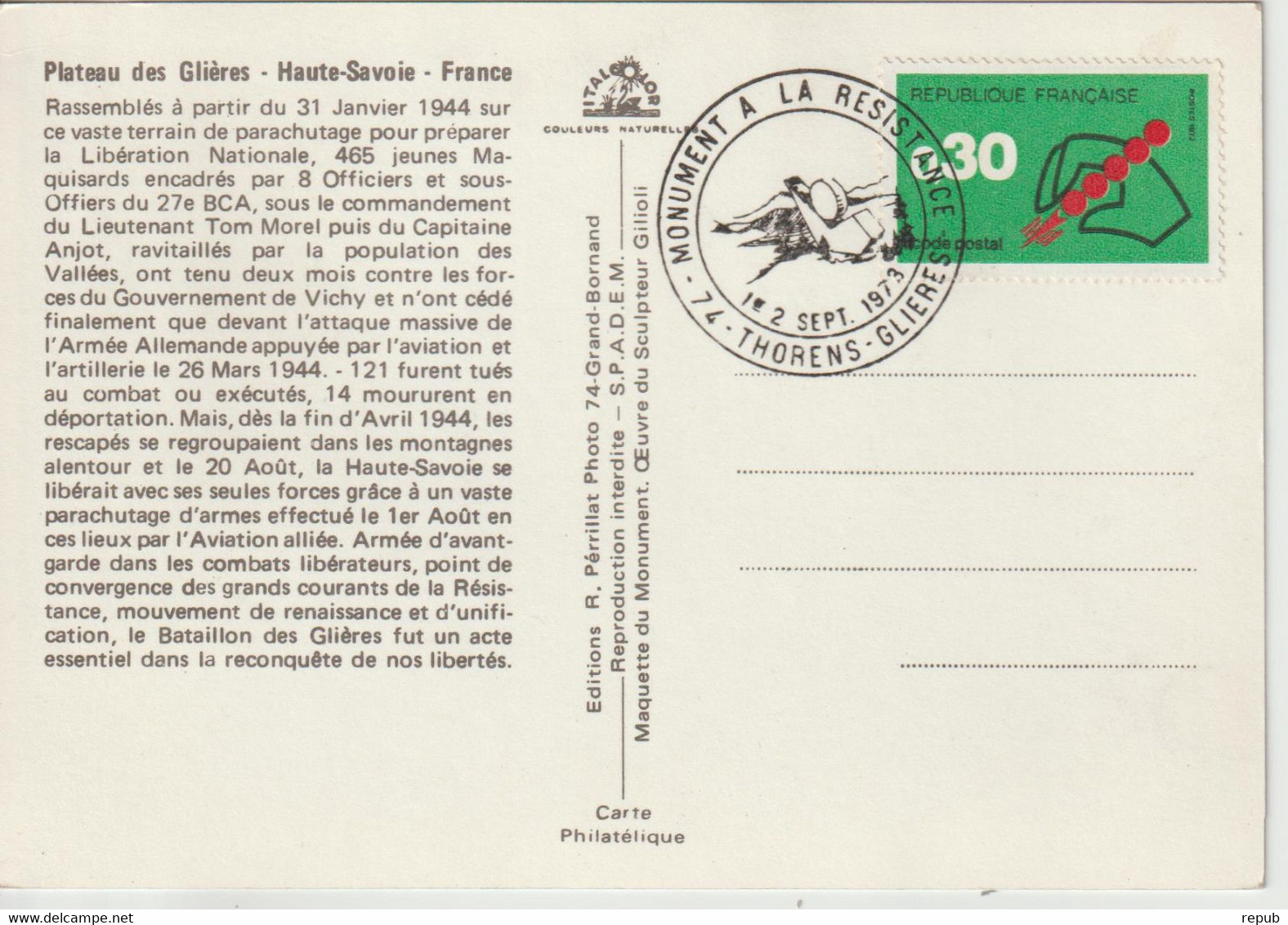 France 1973 Monument Resistance Thorens-Glières - Commemorative Postmarks
