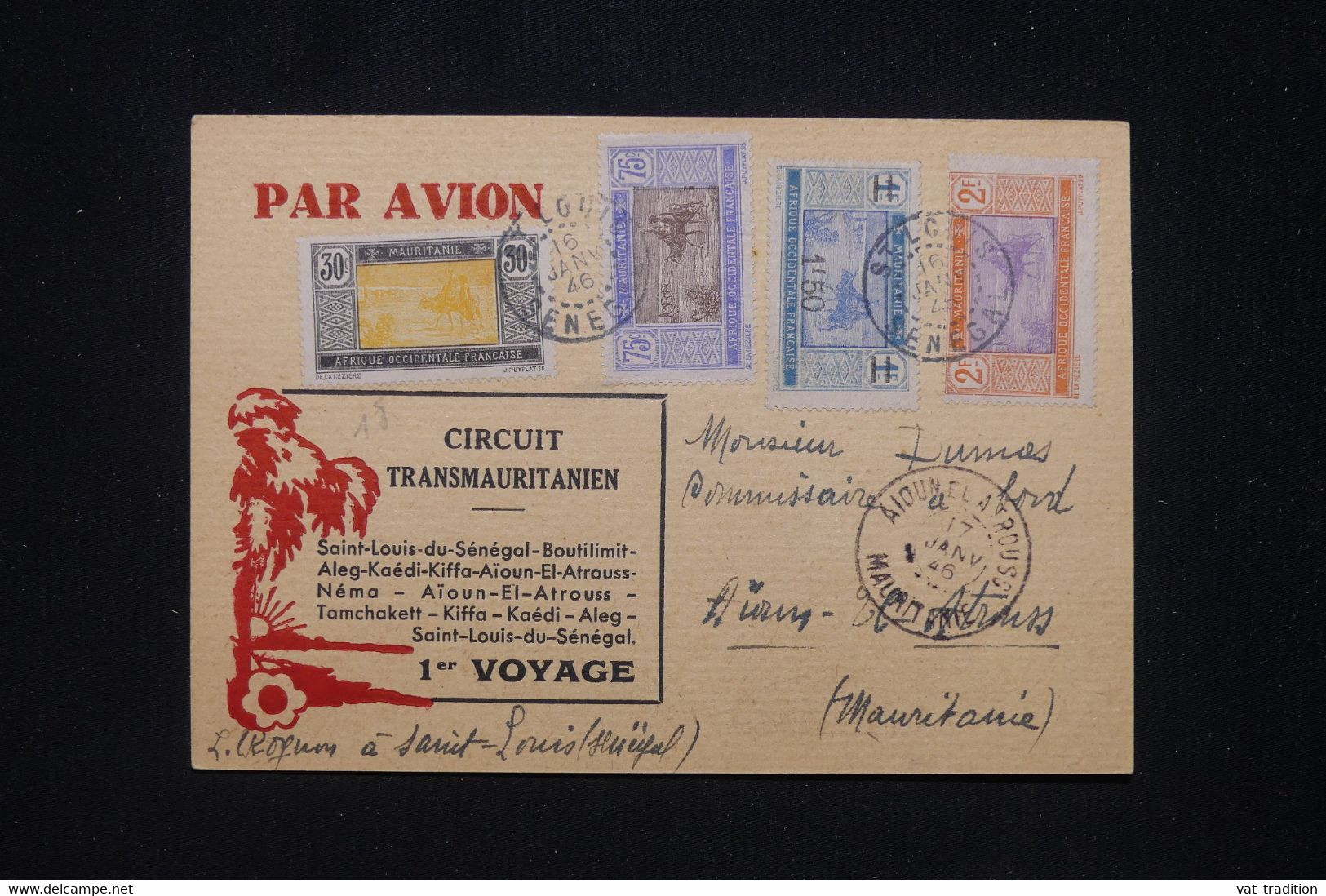 MAURITANIE - Carte Postale Du 1er Voyage Par Avion Transmauritanien En 1946 De St Louis Pour Aïn El Atrouss - L 95138 - Lettres & Documents