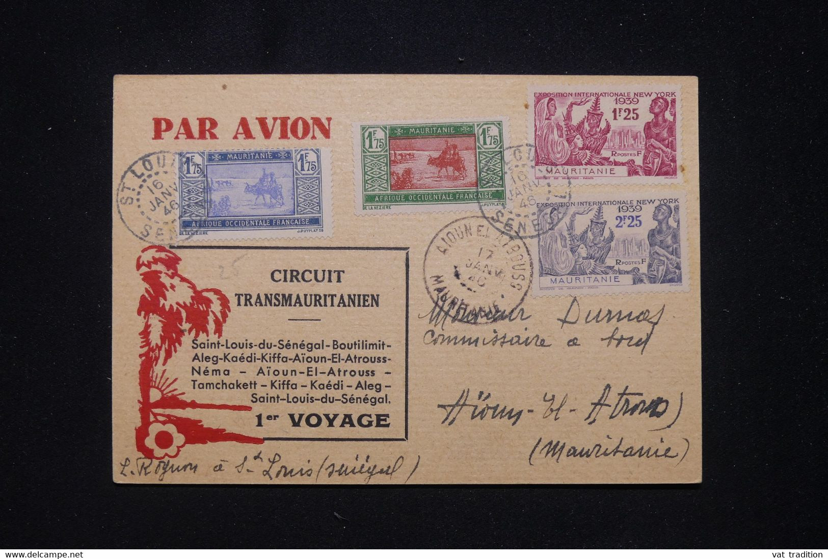 MAURITANIE - Carte Postale Du 1er Voyage Par Avion Transmauritanien En 1946 De St Louis Pour  Aïn El Atrouss - L 95139 - Brieven En Documenten