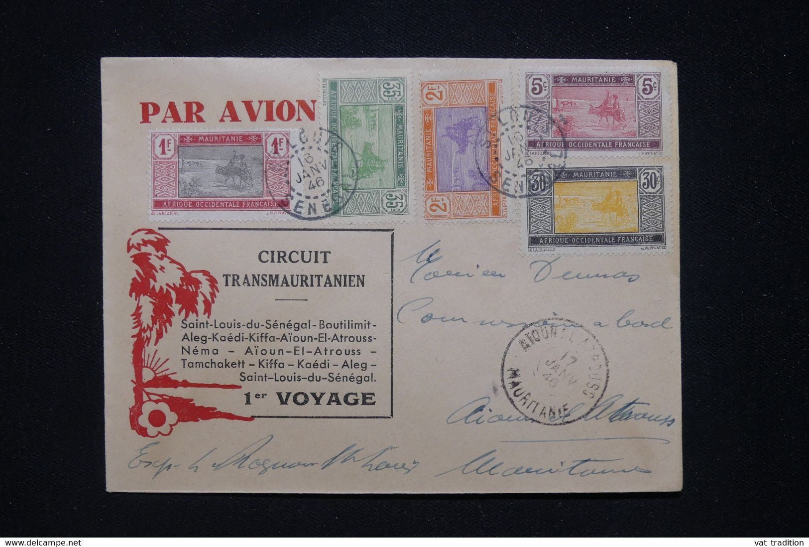 MAURITANIE - Carte Postale Du 1er Voyage Par Avion Transmauritanien En 1946 De St Louis Pour  Aïn El Atrouss - L 95140 - Cartas & Documentos