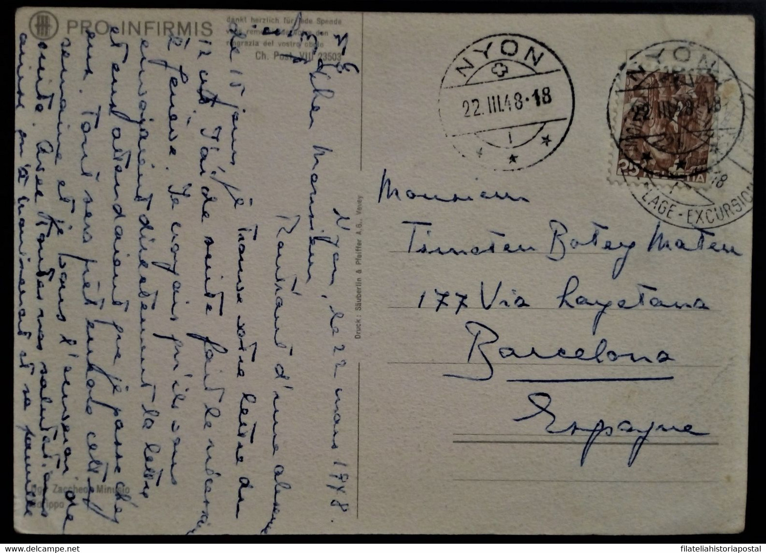 919 HELVETIA SUIZA Switzerland NYON 1948 POST CARD - Other & Unclassified