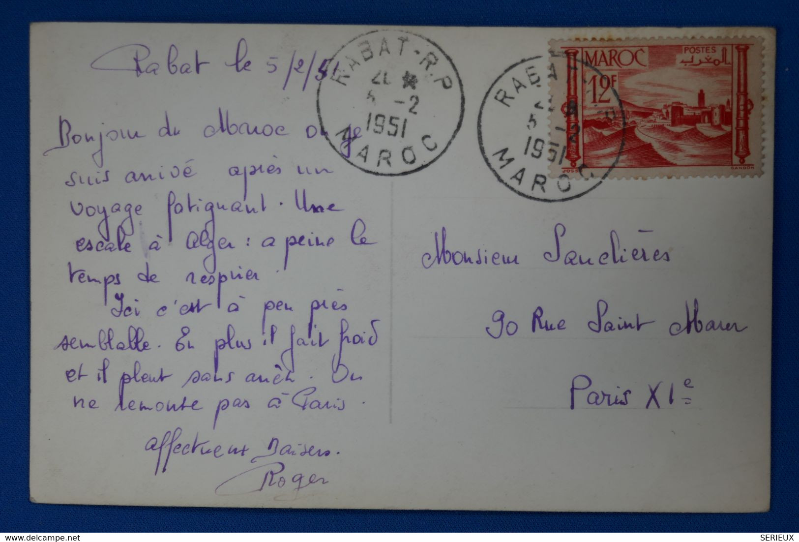 P28 MAROC BELLE CARTE 1951 RABAT POUR PARIS FRANCE+ AFFRANCHISSEMENT PLAISANT - Brieven En Documenten