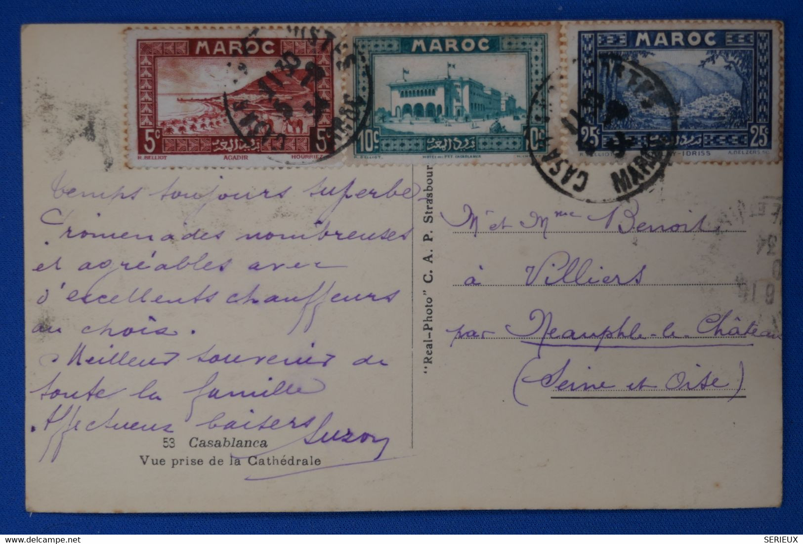 P28 MAROC BELLE CARTE 1954 CASABLANCA POUR  VILLIERS FRANCE+ AFFRANCHISSEMENT INTERESSANT - Lettres & Documents