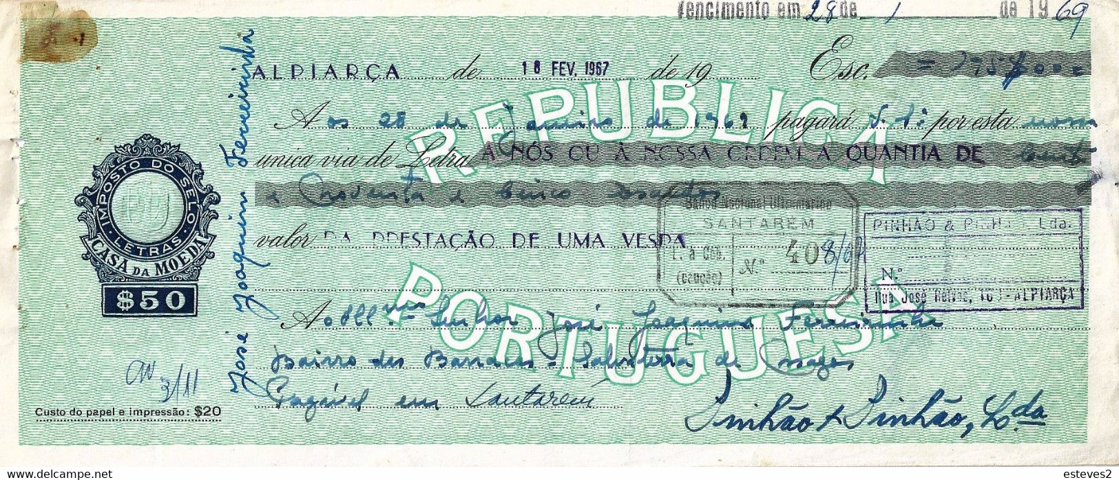 Portugal , 1967 , Letra , Bill Of Exchange , Used , Tax  $50 , Embossed Seal , Banco Nacional Ultramarino , Vespa Sale - Letras De Cambio