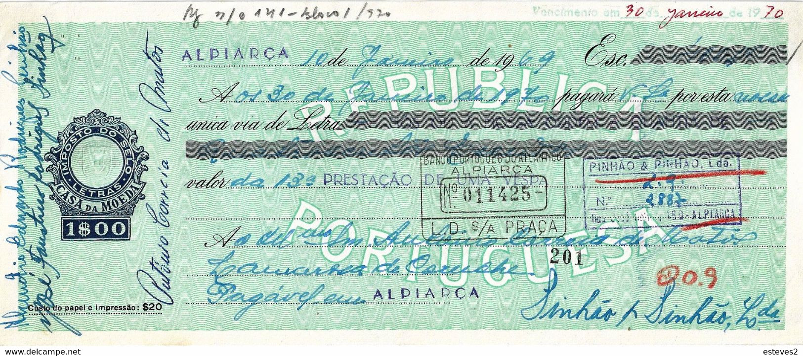 Portugal , 1969 , Letra , Bill Of Exchange , Used , Tax 1$00 , Embossed Seal , Banco Português Do Atlântico , Vespa Sale - Letras De Cambio