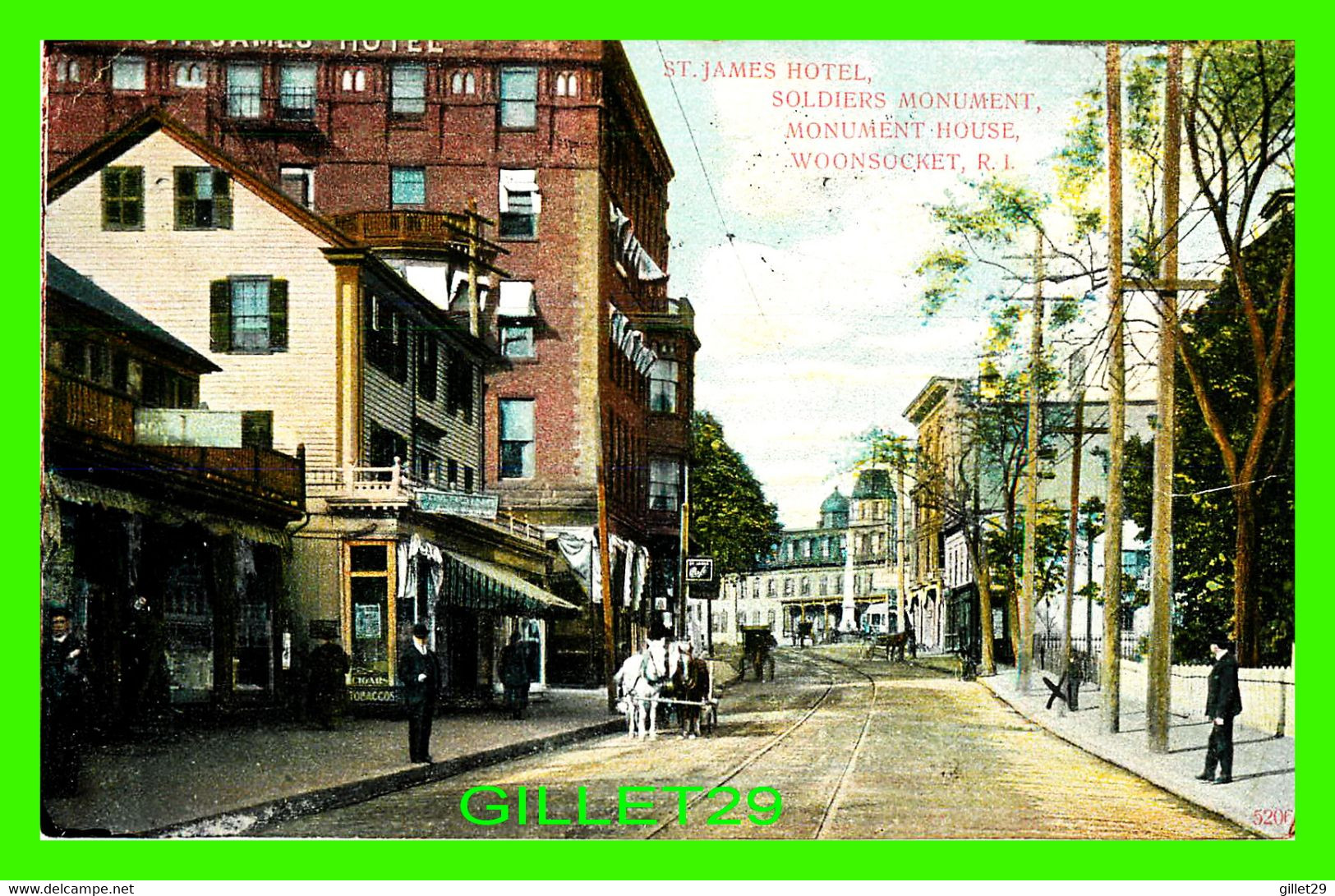 WOONSOCKET, RI - ST JAMES HOTEL, SOLDIERS MONUMENT, MONUMENT HOUSE - ANIMATED - TRAVEL IN 1910 - A.C. BOSSELMAN & CO - - Woonsocket