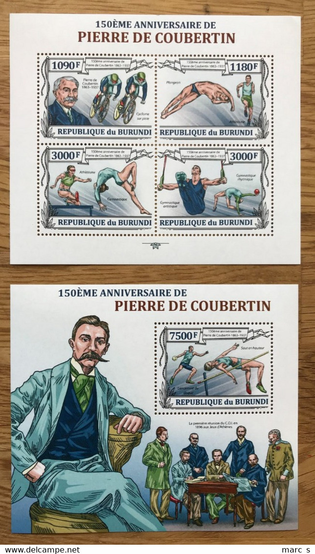 BURUNDI 2013 NEUF**/MNH - Série Complète Mi 3188 / 3192 BLOC 362 - LUXE - DENTELE - COUBERTIN JEUX OLYMPIQUES - RARE - Nuovi