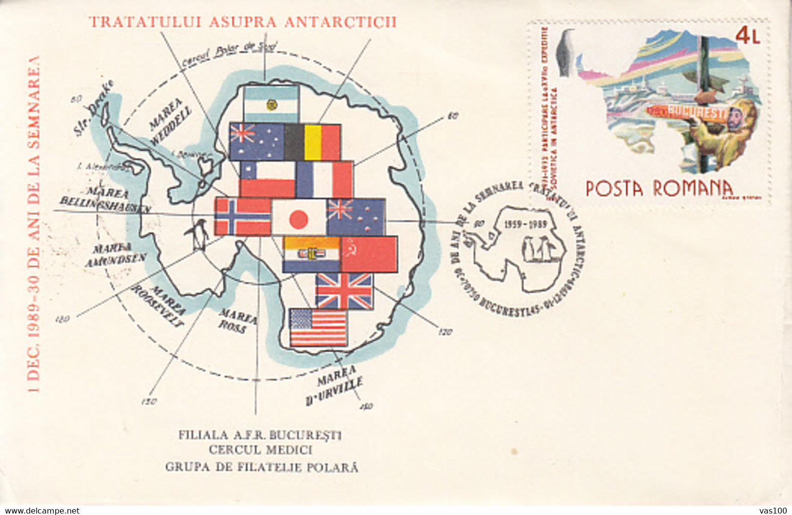SOUTH POLE, ANTARCTIC TREATY, SPECIAL COVER, 1989, ROMANIA - Antarctisch Verdrag