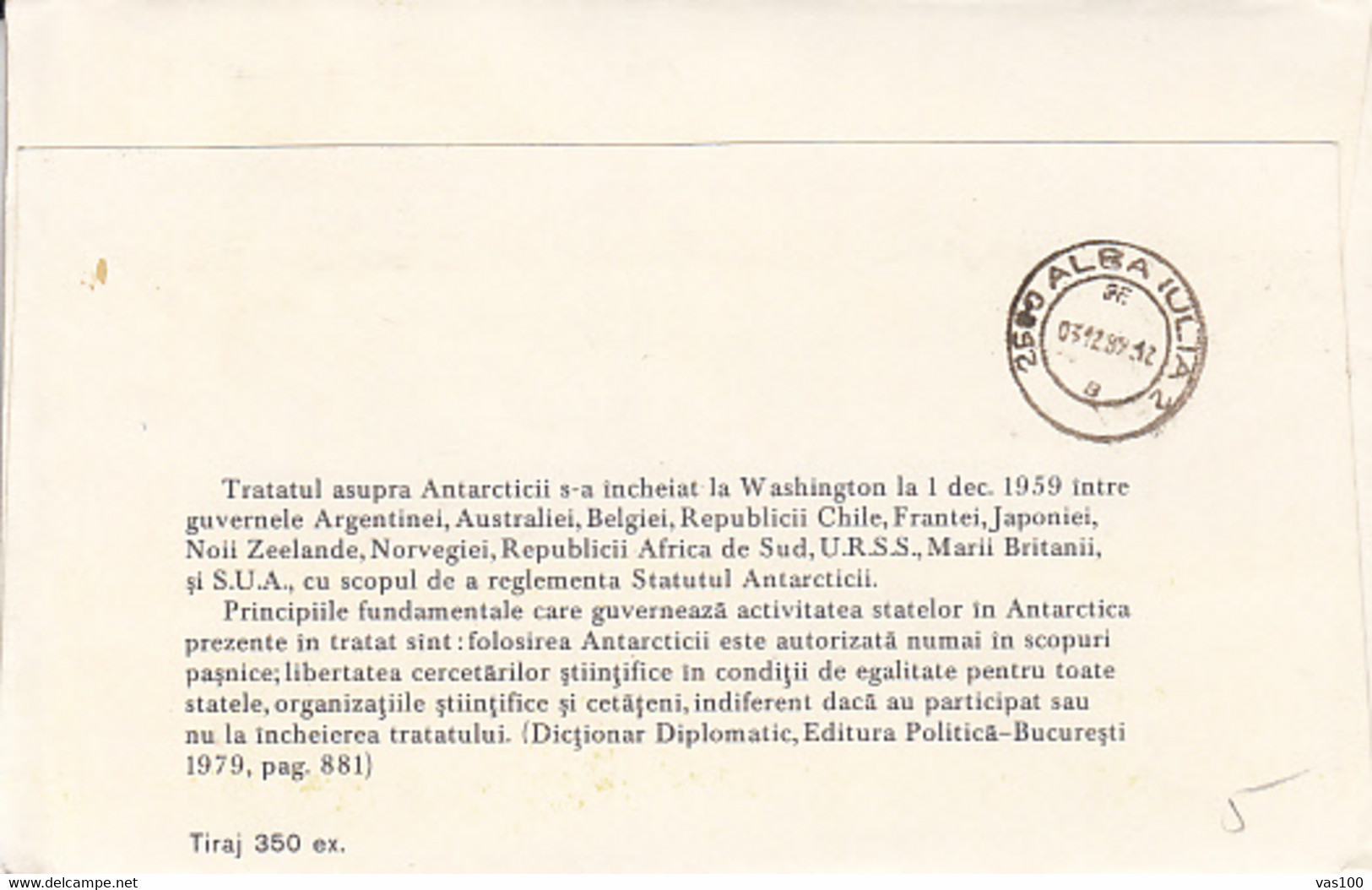 SOUTH POLE, ANTARCTIC TREATY, SPECIAL COVER, 1989, ROMANIA - Antarctisch Verdrag